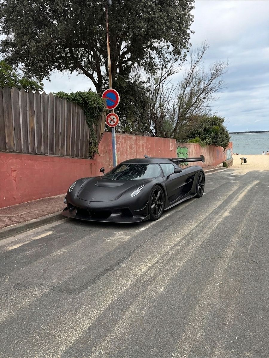 La même rue en bord de mer, le SUV remplacé par une hypercar par l'IA